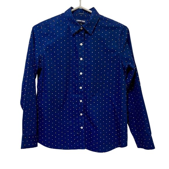 Lands End Shirt Womens Size 4 Navy Polka Dot Long Sleeve Button Up - Picture 1 of 4